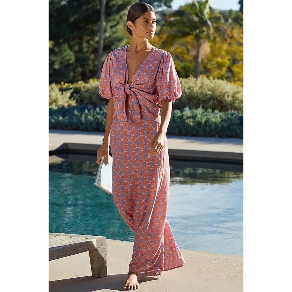 Beach Riot Marta Tie Front Puff Sleeve Maxi Dress Orange Purple Size M